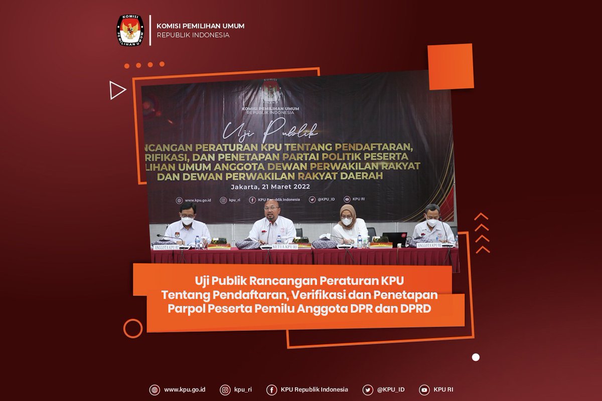 KPU_ID's tweet photo. #TemanPemilih, KPU RI menggelar Uji Publik Rancangan Peraturan KPU Tentang Pendaftaran, Verifikasi dan Penetapan Parpol Peserta Pemilu Anggota DPR dan DPRD, Senin (21/3). Hadir Ketua KPU RI Ilham Saputra bersama Anggota KPU RI Evi Novida Ginting Manik, https://t.co/CmWiU06Y2e