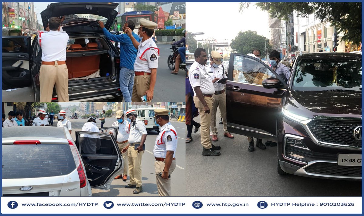 HYDTP's tweet photo. #HYDTPinfo
Today, @HYDTP officers conducted SPL. drive against the tinted glass, improper No. plates &amp; stickers (MLA, Police, Press) of vehicles, which are under against CMV Rules, 1989 &amp; imposed challans against the violating vehicles.
@JtCPTrfHyd https://t.co/b5jkCUF0qi