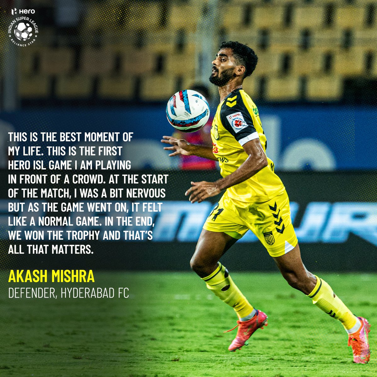 IndSuperLeague's tweet photo. Thoughts from some of the @HydFCOfficial players after their historic #HeroISL win last night! 🏆🤩
#HFCKBFC #HeroISLFinal #FinalForTheFans #LetsFootball #HyderabadFC https://t.co/XvfTA9mUMy