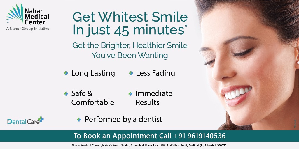 Improve your smile quotient with whiter teeth. Teeth Whitening Service at Nahar Medical Center! Book your appointment NOW on +91 9619140536.
#NaharMedicalCenter #NMC #NaharAmritShakti #Chandivali #Powai #andheri #mumbai #teethwhitening #teethcleaning #teethwhiteningspecialist