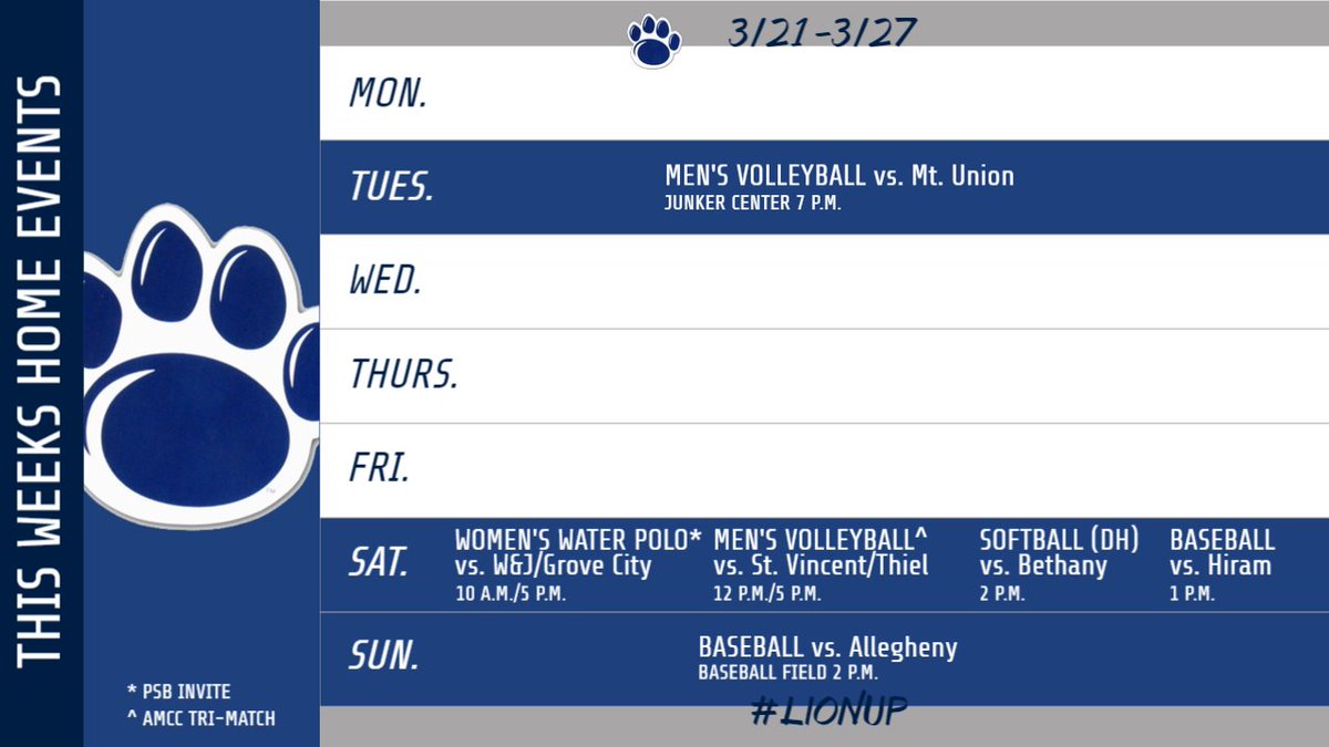 PSBAthletics's tweet photo. Jam-packed weekend with men's volleyball kicking us off tomorrow night! 

#LionUp | #BehrendLions https://t.co/2WEOSuIhg5