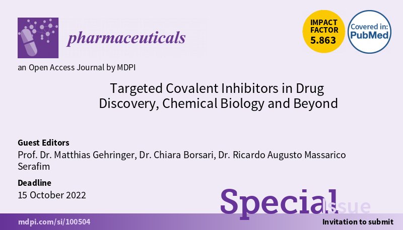 Working with Covalent Inhibitors? Don't miss the opportunity to publish in our SI from @Pharmaceut_MDPI (IF 5.863)! It's open for submission! More details:
mdpi.com/journal/pharma…

@BorsariChiara 
#ChemicalProbes 
#MedChem
#ChemicalBiology
#drugdiscovery
#CovalentInhibitors