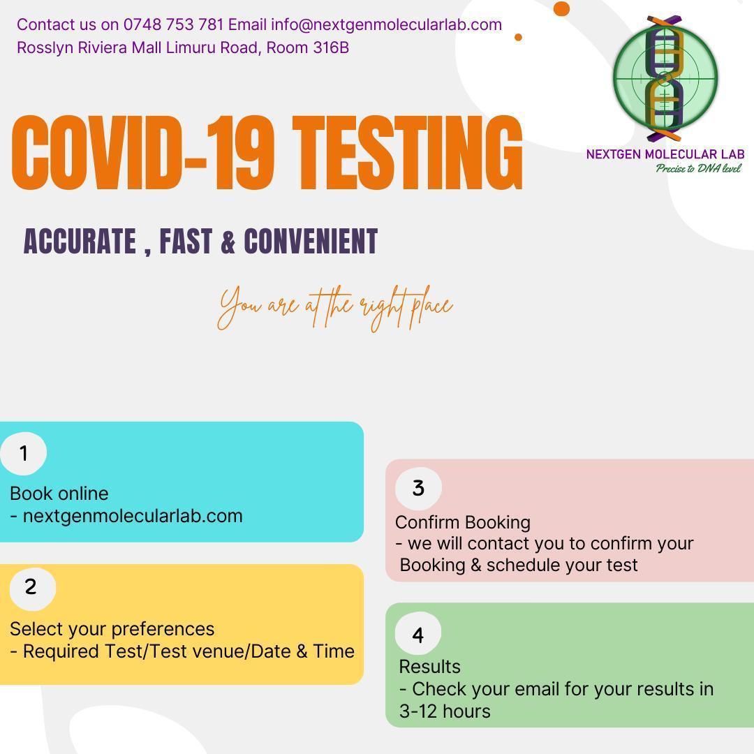 Looking for convenience when it comes to your covid test? 
You're in the right place
Rosslyn Riviera Mall, Limuru Road, Room 316B 
Contact us 0748753781 
Info@nextgenmolecularlab.com 
#moleculardiagnosticskenya #covidtesting #testfortravel #testathome