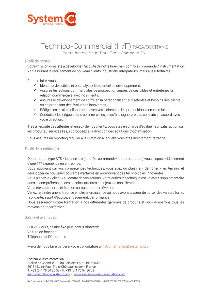 System-c instrumentation recrute son/sa futur(e) Technico-commercial(e) PACA-Occitanie, basé à Saint-Paul-Trois-Châteaux(26) !!! 🤩👏📝