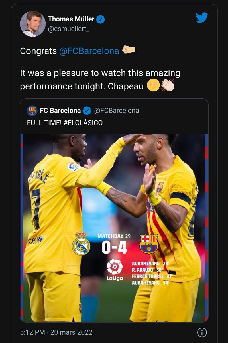 Kayimitnews's tweet photo. Thomas Muller félicite le Barça sur Twitter après sa victoire dans le Clasico. https://t.co/4fECyh5A5X