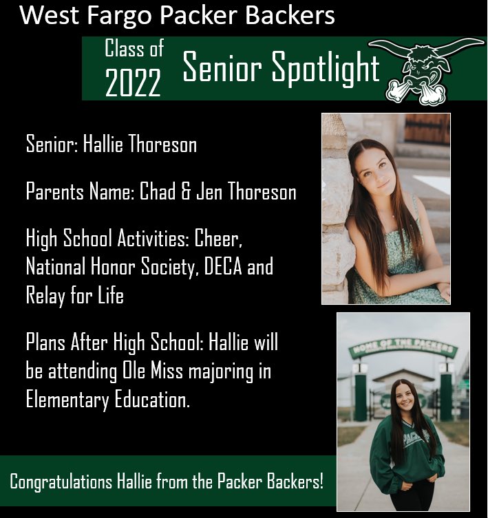 Today’s Senior Spotlight shines on Hallie Thoreson!  Congrats and we wish you all the best at Ole Miss!  #WFPackerPride