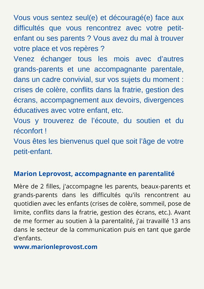 A partir du mardi 29 mars, retrouvez le café des grands-parents. Animé par Marion Leprovost, ce rendez-vous mensuel sera une occasion d'échanger avec d'autres grands-parents et une accompagnante parentale sur vos sujets du moment.
Inscriptions sur simonlefranc.goasso.org