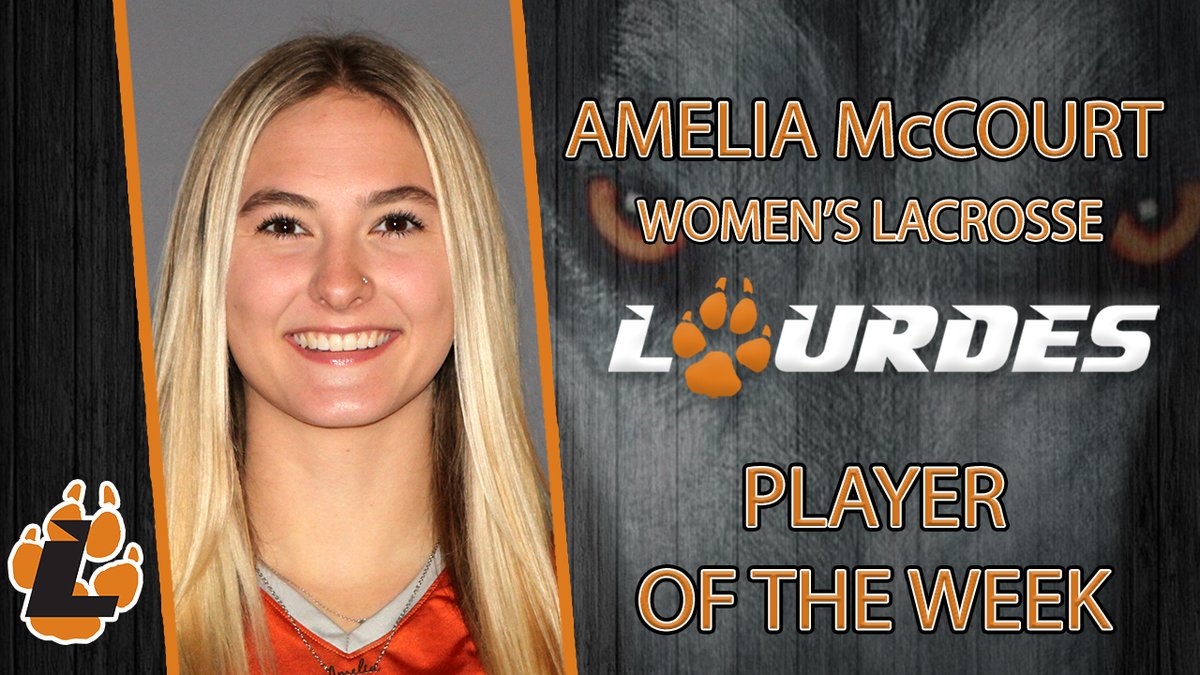 Amelia McCourt is this week's Lourdes Player of the Week after leading women's lacrosse to a victory over Cleary in the WHAC opener.  The freshman scored 3 goals, added 3 assists, had 12 draw controls, and 3 ground balls in the victory! #GrayWolfNation