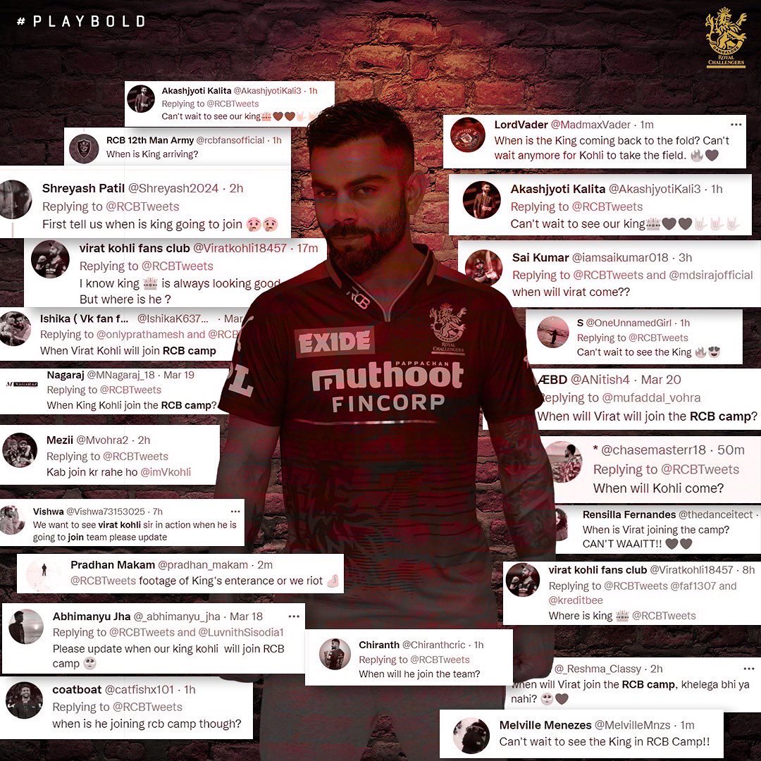 RCBTweets's tweet photo. King Kohli has arrived! That’s it. That’s the news. 🙌🏻👑 

@imVkohli 
#PlayBold #WeAreChallengers #IPL2022 #Mission2022 #ViratKohli https://t.co/P8W9ICCwOX