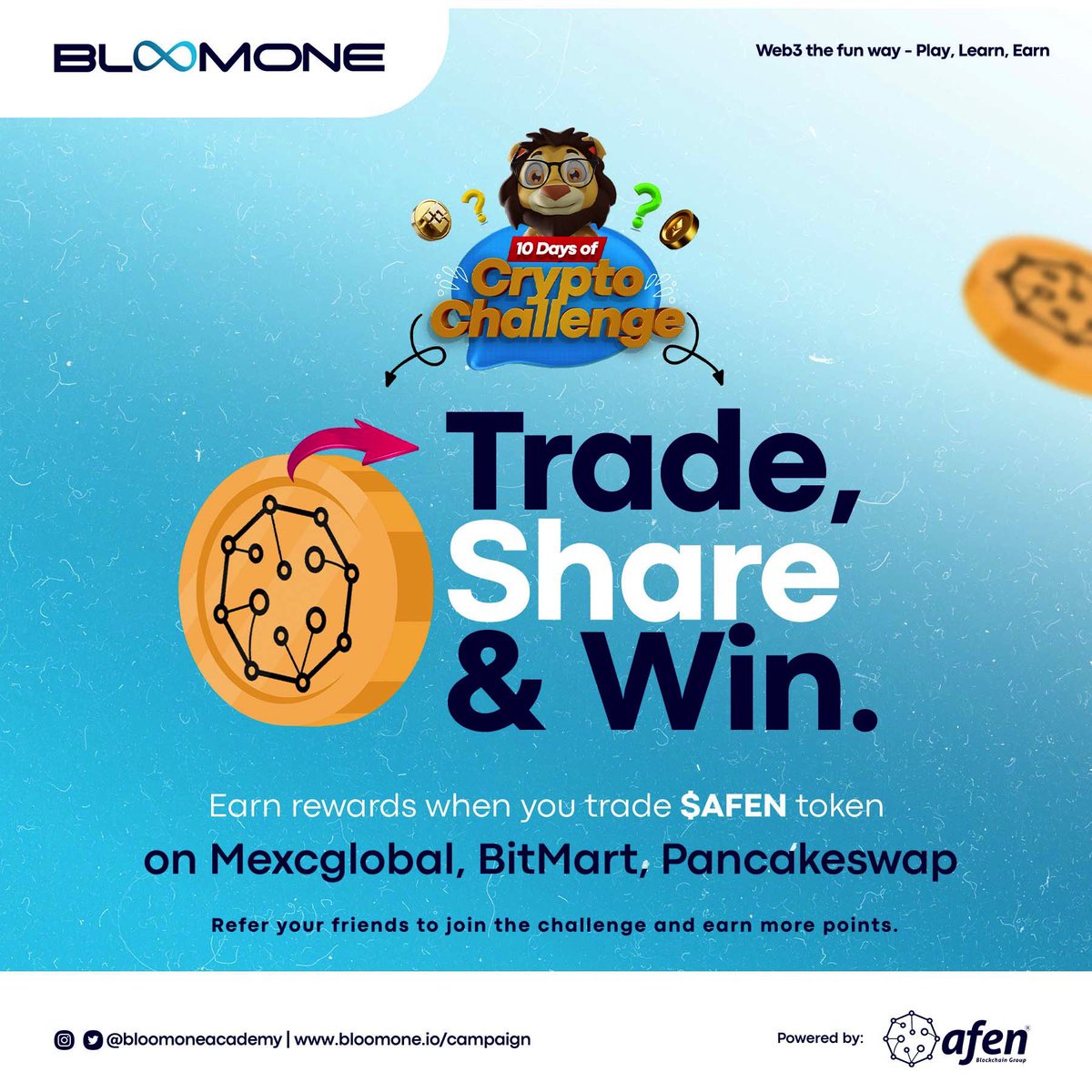 bloomoneacademy's tweet photo. It's Day 3 of the #10DaysOfCrypto challenge!!!💃🤸🏽♀️🚀
Are you ready to earn rewards for trading $AFEN?
📌Check the thread🧵 to find out more. https://t.co/vv6ABpefKF