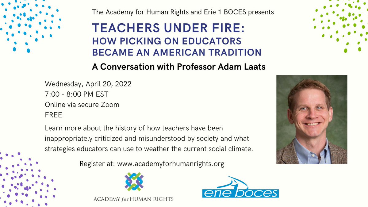 Academy for Human Rights (@ahrbuffalo) on Twitter photo Join <a href="/ahrbuffalo/">Academy for Human Rights</a> & <a href="/Erie1BOCES/">Erie 1 BOCES</a> on Wed 4/20 at 7 pm EST for a webinar with Professor Adam Laats. Exploring the history of how #teachers have been criticized and misunderstood by society.
Learn more&register: academyforhumanrights.org/teachers-under… Join <a href="/ahrbuffalo/">Academy for Human Rights</a> & <a href="/Erie1BOCES/">Erie 1 BOCES</a> on Wed 4/20 at 7 pm EST for a webinar with Professor Adam Laats. Exploring the history of how #teachers have been criticized and misunderstood by society.
Learn more&register: academyforhumanrights.org/teachers-under…
