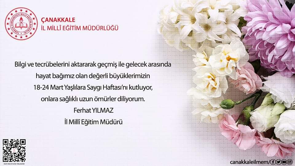 canakkaleilmem's tweet photo. Bilgi ve tecrübelerini aktararak geçmiş ile gelecek arasında hayat bağımız olan değerli büyüklerimizin 18-24 Mart Yaşlılara Saygı Haftası'nı kutluyor, onlara sağlıklı uzun ömürler diliyoruz.

@tcmeb @CanakkaleGovTr @ferhatyilmaz23 https://t.co/tnyNzHrbph