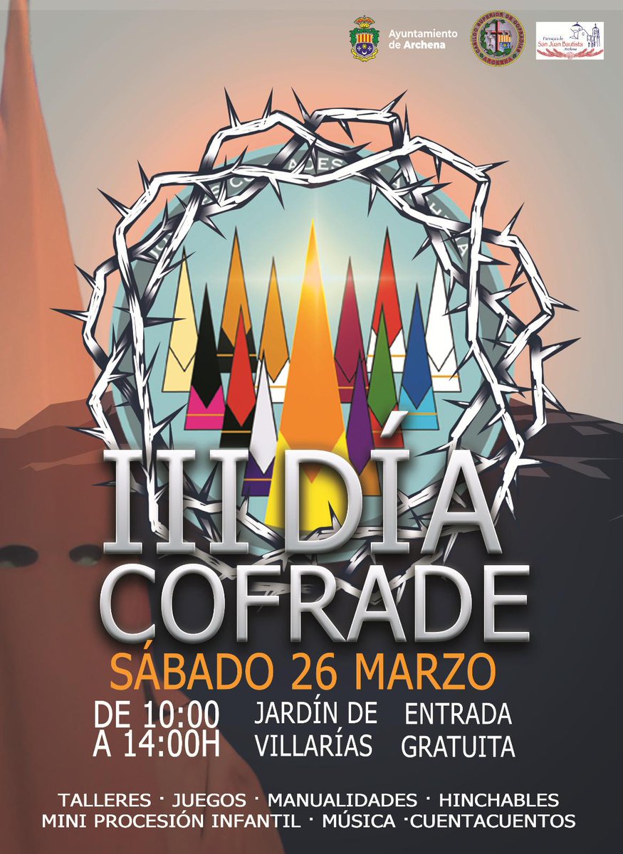 ¡Buenos días!
El próximo 26 de marzo, a partir de las 10:00h, tendrá lugar el "III Día Cofrade" en el Jardín de Villarías.  Una oportunidad más para acercarnos a nuestra querida #SemanaSanta, con talleres y juegos muy divertidos. 🎉
¡Os esperamos! 👏🏻 #JovenCofArchena