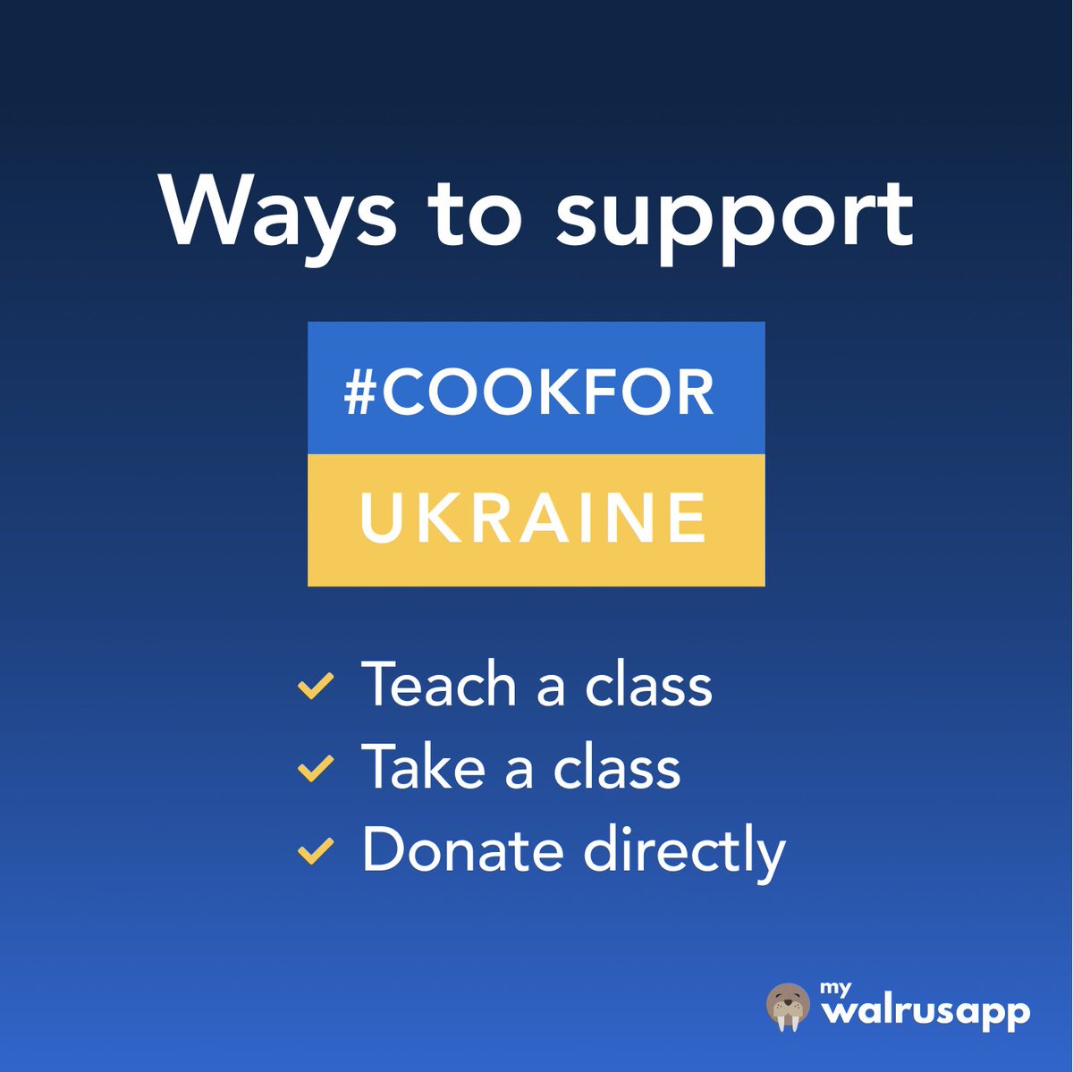 mywalrusapp's tweet photo. My Walrus App is making its online teaching platform available free of charge for those wishing to host virtual cooking classes to benefit #CookForUkraine.

Show your support!
Details here: https://t.co/maCnx9AGKr

#ChefsForUkraine #CookForUkraineTogether https://t.co/Vn2HxfP58P