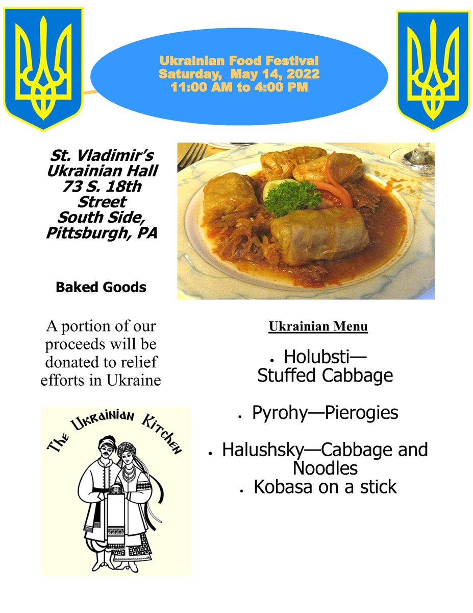 Save the Date! Spring Fling #Ukrainian Food Festival! Saturday May 14, 2022 from 11-4pm in Southside #Pittsburgh. Delicious food and baked goods and a portion of proceeds will be donated to relief efforts in #Ukraine.  <a href="/SSChamberPGH/">South Side Chamber</a> <a href="/SouthSidePgh/">southside pittsburgh</a> <a href="/Pittsburgh/">City of Pittsburgh</a> #FoodFestival