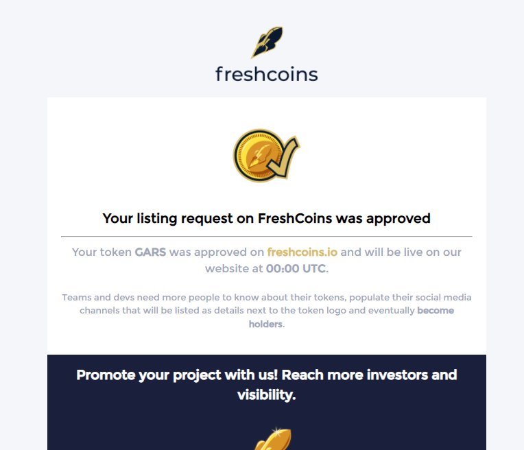 TG_ArsenalToken's tweet photo. Great Arsenal has been approved for listing on FreshCoins and listing will go live at midnight 🚀🚀 https://t.co/XK0r9guvnB