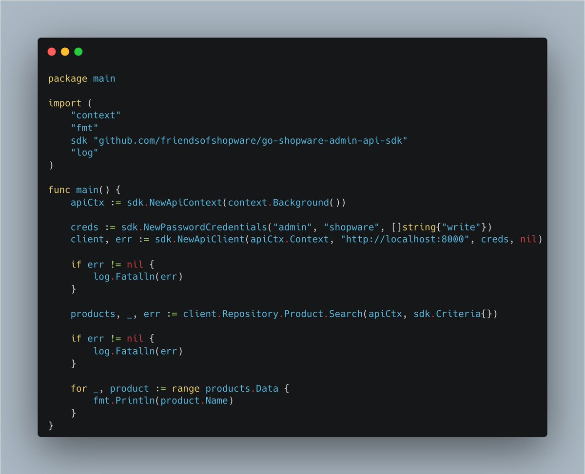 Shyim97's tweet photo. While developing #shopware cli in golang, I have created an API client for #shopware 6. I have extracted it now and can be used in any go project. The basic crud operations are implemented for all entities with typed structs. More examples in repository. https://t.co/khzM0yQol1 https://t.co/1wdelMV6Ku