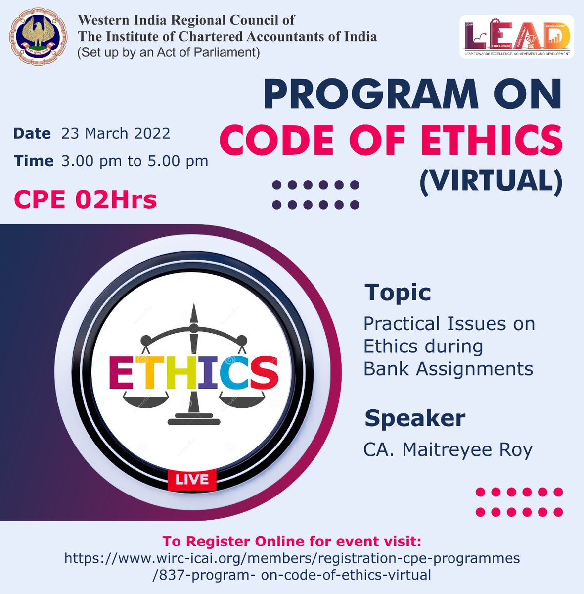 wirc_icai's tweet image. Participate in the Program on Code of Ethics (Virtual) where we will talk about Practical issues on Ethics during Bank Assignments.

23rd March 2022 | 3 pm to 5 pm

Register at -

wirc-icai.org/members/regist…

#codeofethics #bank #ethicalissues #virtualprogram #webinar #ca #wirc #icai