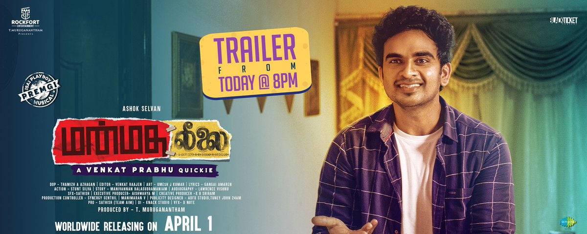 Ladies and Gentlemen, Here’s #ManmathaLeelai trailer- youtu.be/ytdQunYZ-nM April 1st! Here we come A Venkat Prabhu Quickie @vp_offl #VP10 @Rockfortent @SamyukthaHegde #Riyasuman @smrithivenkat @Premgiamaren @that_Cameraman @UmeshJKumar @kbsriram16 @Aishwarya12dec