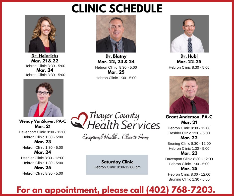 tchsne's tweet photo. This week's provider schedule at the rural health clinics.

We work hard to provide you Exceptional Health, Close to Home! https://t.co/530ASPWTA7