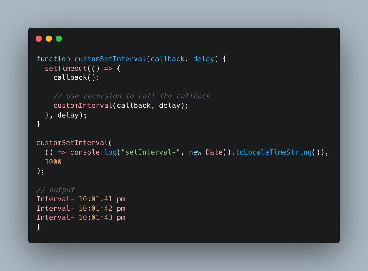 CodeLikeAMonk's tweet photo. JavaScript Interview Question | Create setInterval() using setTimeout()

#javascript #100DaysOfCode #PracticeQuestion https://t.co/Quky8qTctU
