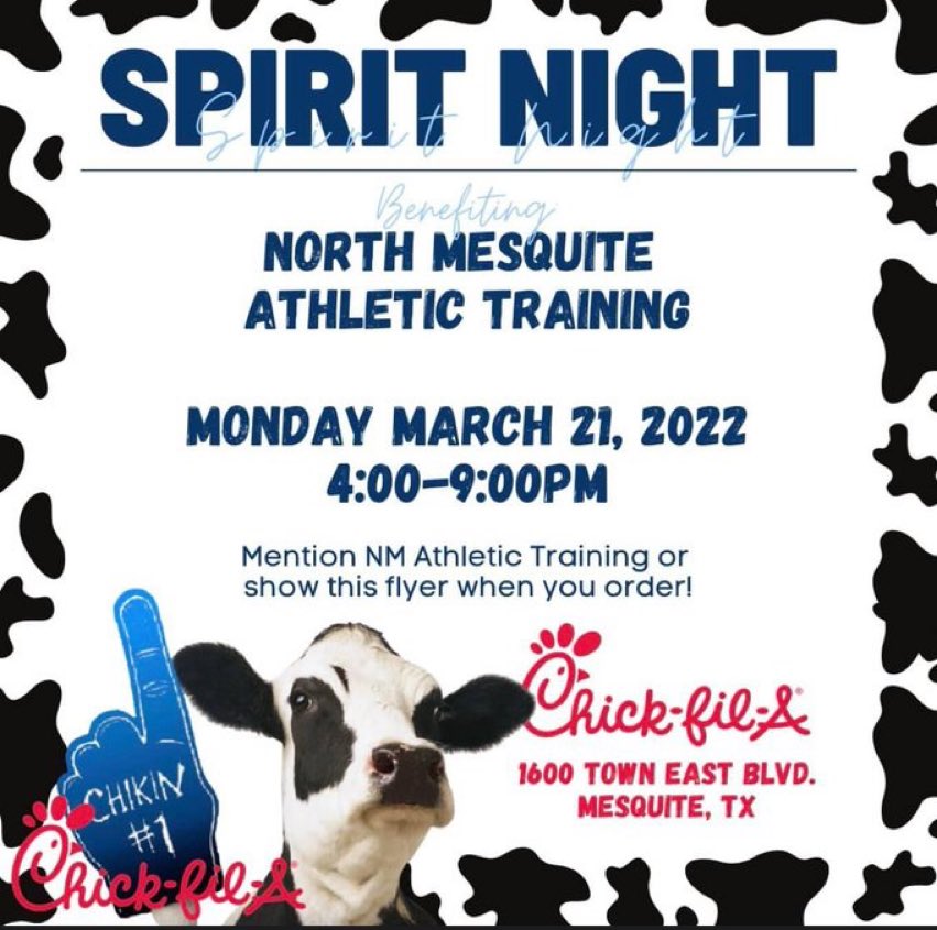 Just a reminder! Be sure to mention North Mesquite Athletic training!! Thanks for your support!!