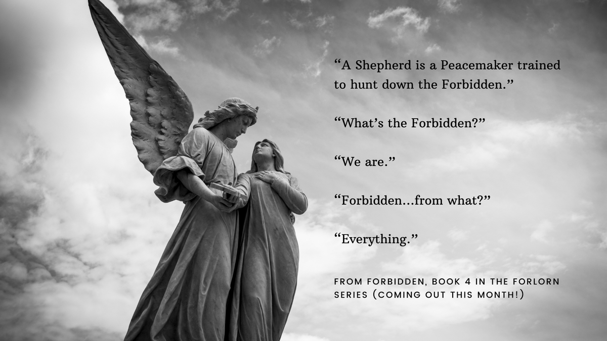 GinaDetwiler's tweet photo. As I get ready to launch the next book in the Forlorn series, Forbidden, here’s a quote between two of the characters, Jared and Miriam. From Forbidden, book 4 (coming out THIS MONTH).
#Forbiddenfromeverything
#yabooks #yachristian #fantasybook #angelsanddemons #christianfiction https://t.co/bVwq0L4B9u