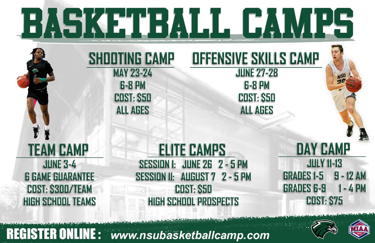 Check out our 𝗦𝗨𝗠𝗠𝗘𝗥 𝗖𝗔𝗠𝗣 dates❗️

Registration is now open! Sign up online at: NSUbasketballcamp.com

#TeamNSU