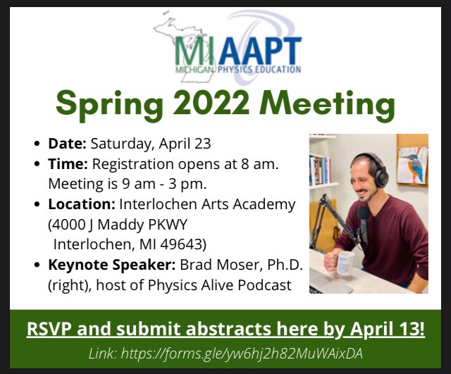 MrLeNadj's tweet photo. #iteachphysics colleagues, if you are a HS, college, or university #physics instructor/educator from the Great Lakes region join us at @InterlochenArts for #MIAAPT’s first f2f meeting in 2 years (info shown below. Pls retweet 2 spread the word.🙏🏽☮��🙏🏽)
https://t.co/VcbD46Ethx https://t.co/ShhlSvrybY