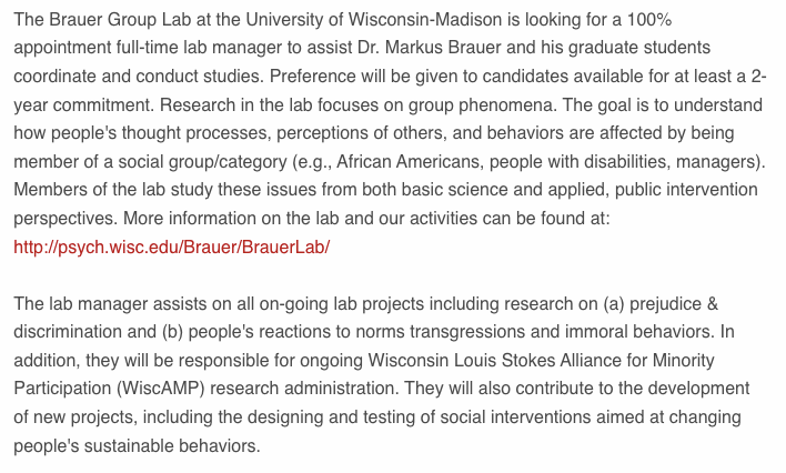 brauerlab1's tweet photo. 📢 WE'RE HIRING! 📢 The Brauer Group Lab at @UWPsych is seeking a full-time lab manager to start August 2022. Come help us conduct research with the goals of promoting inclusion and sustainable behaviors! Apply here by April 15th: https://t.co/T7qKmzx9P0. Please RT and share! https://t.co/zrMiQO25n4