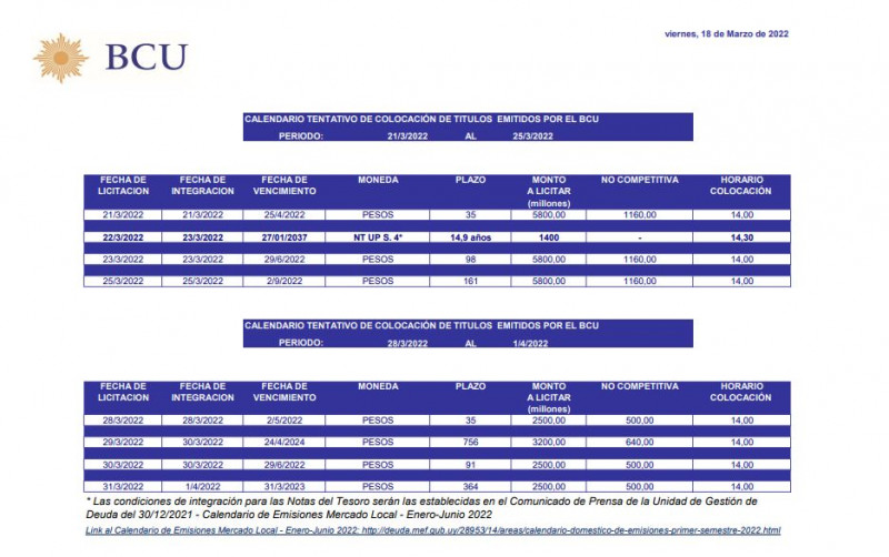 BVM_SA's tweet photo. Se encuentra disponible el calendario tentativo de colocación de títulos emitidos por el BCU de esta semana 
https://t.co/q7oxoP2ru6 https://t.co/km7xKDhPcR