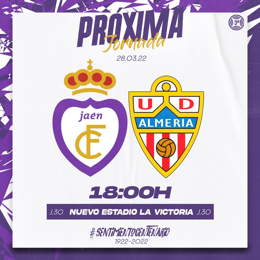 🔜⚽️ PRÓXIMO PARTIDO DE LIGA |

🏟 ¡¡Horario para la 30ª Jornada de #TerceraRFEF!! 

⏰ El próximo Lunes 28 de Marzo, a las 18:00h, nos enfrentaremos al <a href="/AcademiaUDA/">UD Almería B y Academia UD Almería</a> en La Victoria.

#HalaJaén #SentimientoCentenario💜