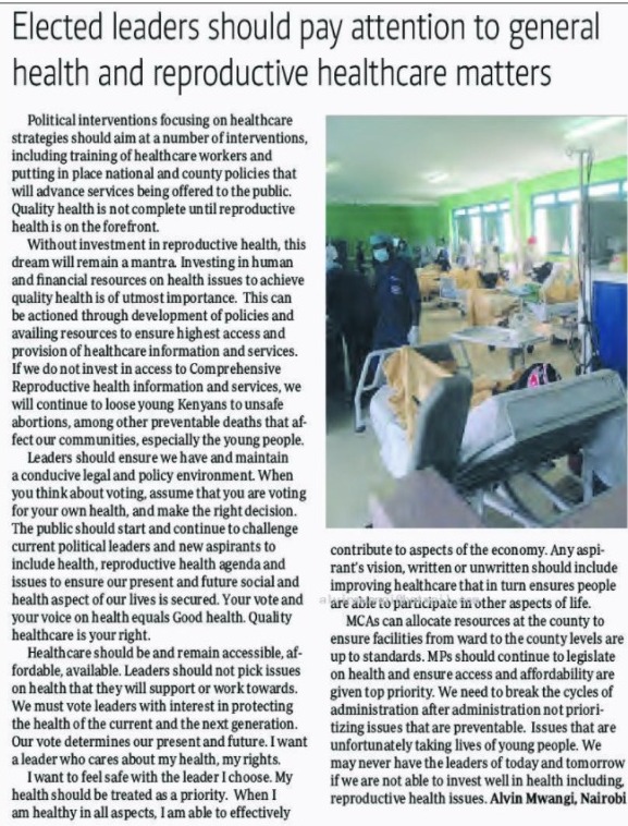 In today's <a href="/StandardKenya/">The Standard Digital</a> I write about: Feeling safe with the leader I choose come August 2022! Quality healthcare is our collective Right. I want a leader who cares about my holistic health &amp; my rights. 

#VoteForMyHealth #AfyaNzuriNiHakiYako