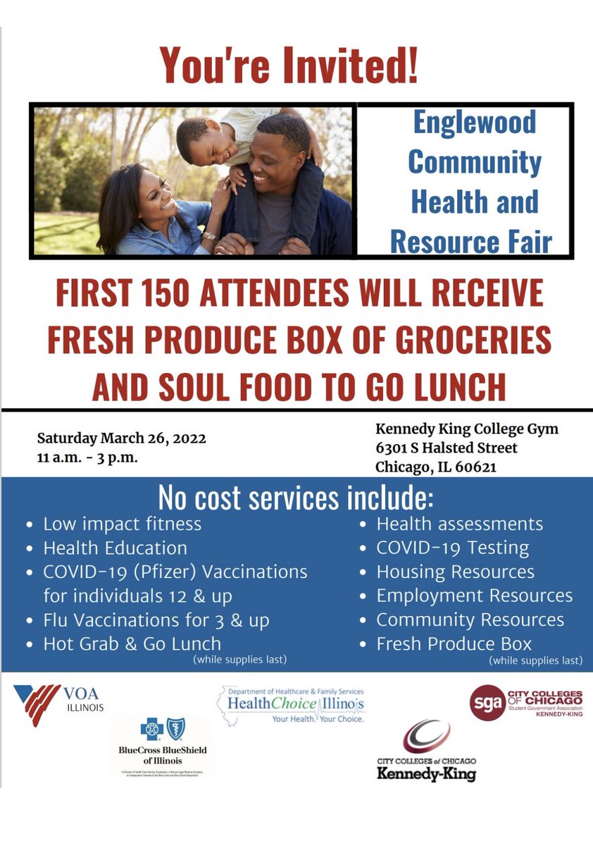 marlon_speaks's tweet photo. PLEASE SHARE! This Saturday, March 26th from 11am - 3 pm VOA Illinois in partnership w/ Kennedy-King College and Blue Cross and Blue Shield of Illinois will be hosting the Englewood Community Health &amp; Resource Fair inside KKC gymnasium. https://t.co/dmJVMH6Dej