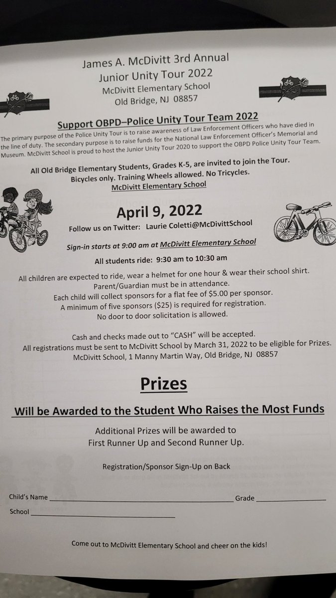 Join us for the Jr. Unity Tour. Ride your bike.  Have fun. Support the OBPD Unity Tour Team. Registration is open to all OB elementary students. Flyers are available on the district website.  There will be prizes for the top fundraisers.