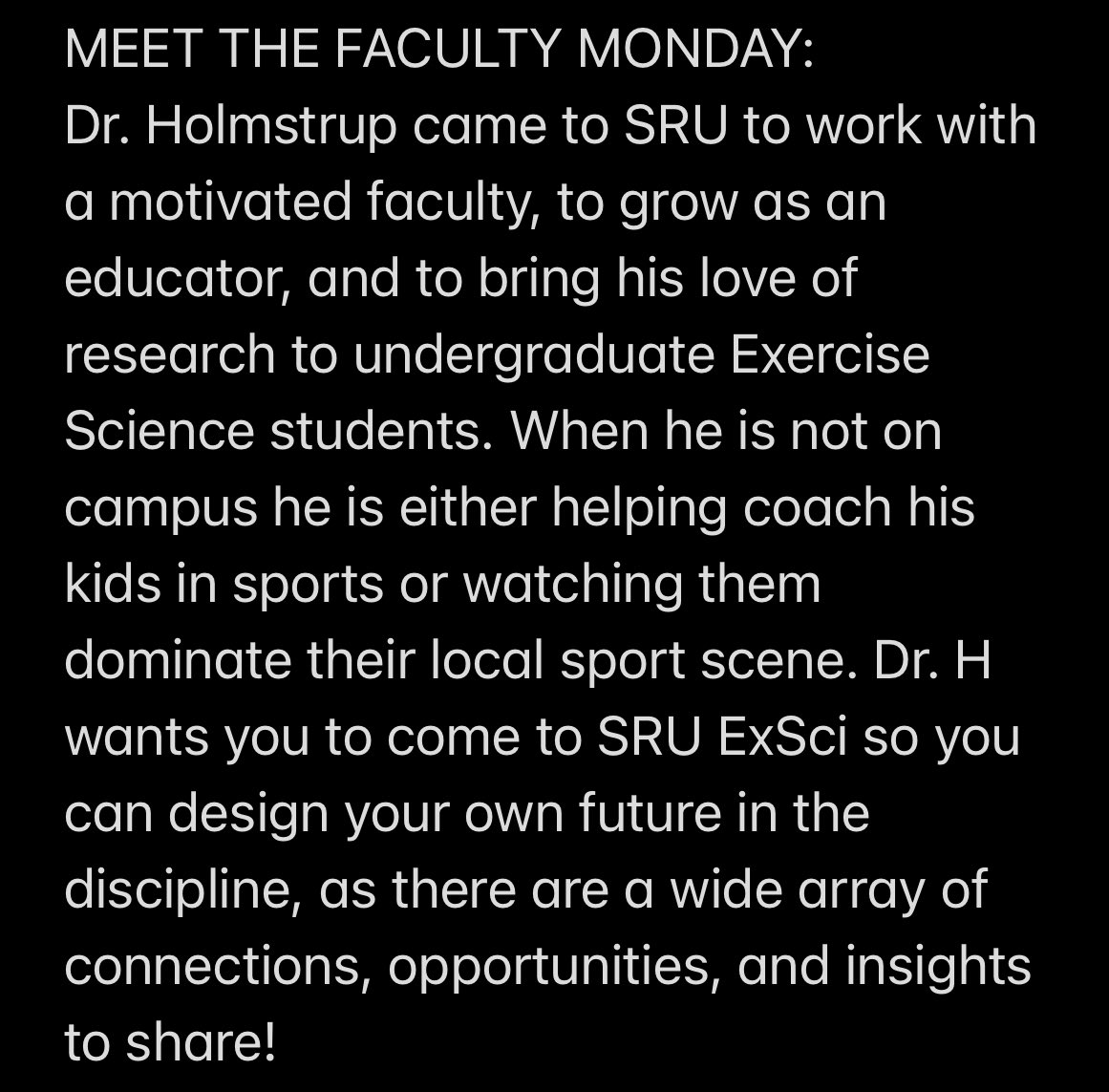 SRUExSci's tweet image. MEET THE FACULTY MONDAY:
Dr. Holmstrup!!! #exercisescience #exercisesciencemajor #exsci #handsonlearning #learnbydoing #slipperyrockuniversity #sru #gorock