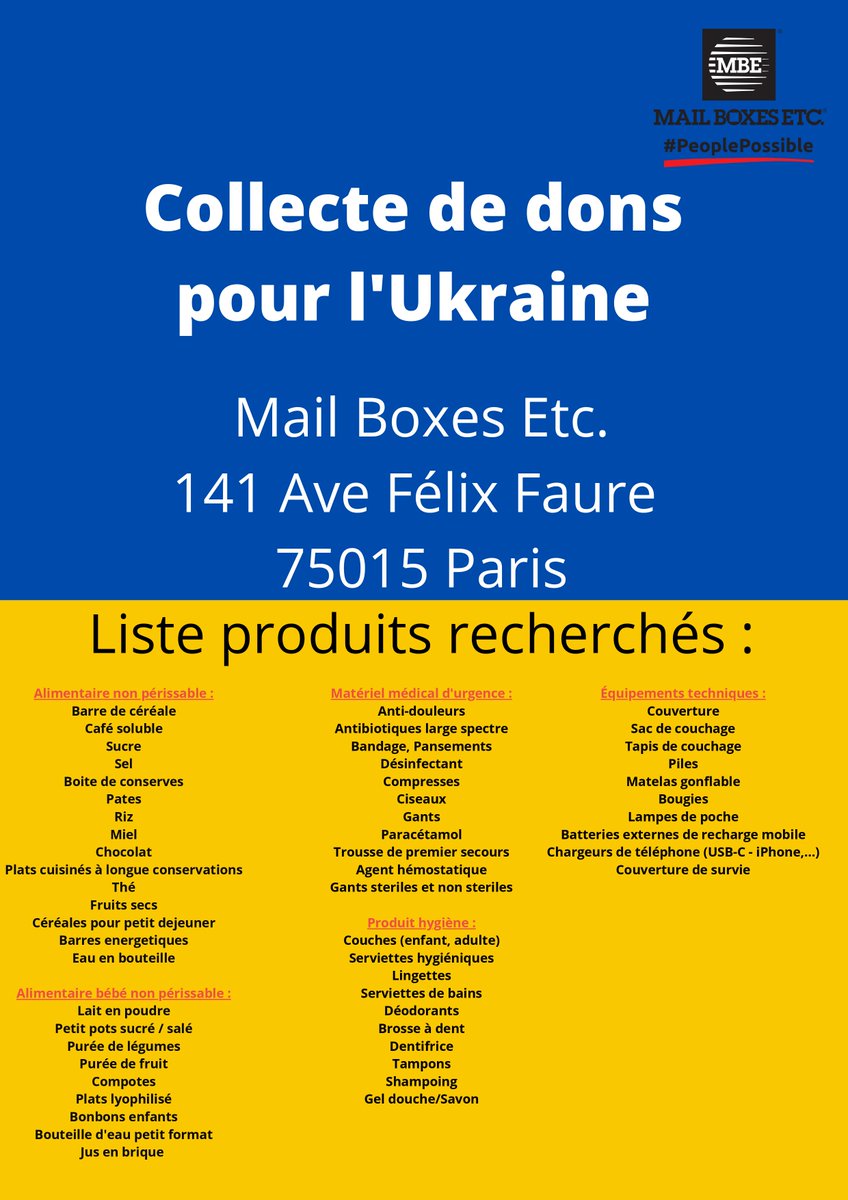 MBE001_Paris15's tweet image. #Paris15 nous collectons cette semaine des produits pour envoyer en #Ukraine. N'hésitez pas à venir déposer dans notre Centre 141 avenue Félix Faure des objets de cette liste.