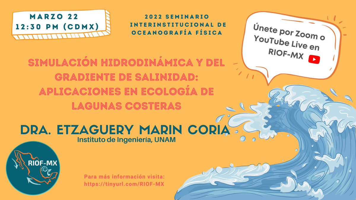 ¡Seguimos con los seminarios RIOF! 
La Dra. Etzaguery Marin nos platicará acerca de aplicaciones de simulaciones numéricas a la ecología de lagunas costeras.
Martes 22 de marzo | 12:30hrs.
Zoom: cuaieed-unam.zoom.us/j/83082550086...
o YouTube Live: youtube.com/channel/UC32MH…