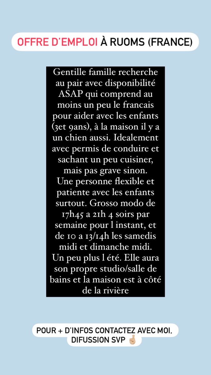 lucia_pavia23's tweet photo. Ayudadme a difundir esta oferta de empleo en Ruoms (Francia) por favor 🙏🏻
Si tenéis cualquier duda os la puedo resolver, gracias ☺️ https://t.co/ph6Wk7qcHj
