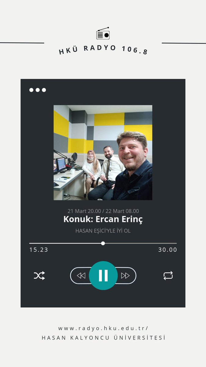 Radyolarınızın sesini yükseltin 📢🎵
Hasan Eşici ile "İyi Ol" bu akşam 20.00'de HKÜ Radyo 106.8 frekansı ya da radyo.hku.edu.tr adresinden sizlerle buluşacak 📻🎵🎵