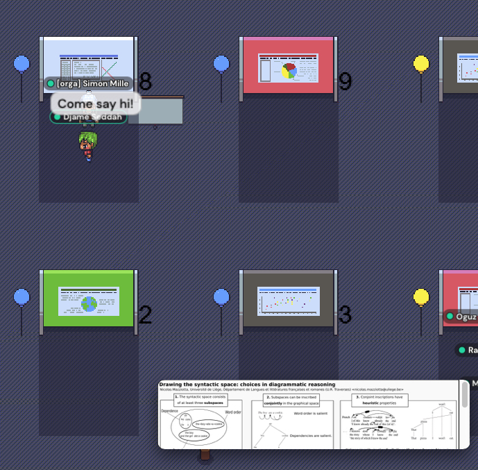 zehavoc's tweet image. Kudos to S.Mile from the #SyntaxFest21 #SyntaxFest orgs who set up a very nice gathertown interface on which you can finally see a snapshot of a poster just by stepping near it.
You can still register and if you don&apos;t have fundings contact the orgs, we still have some free pass:)