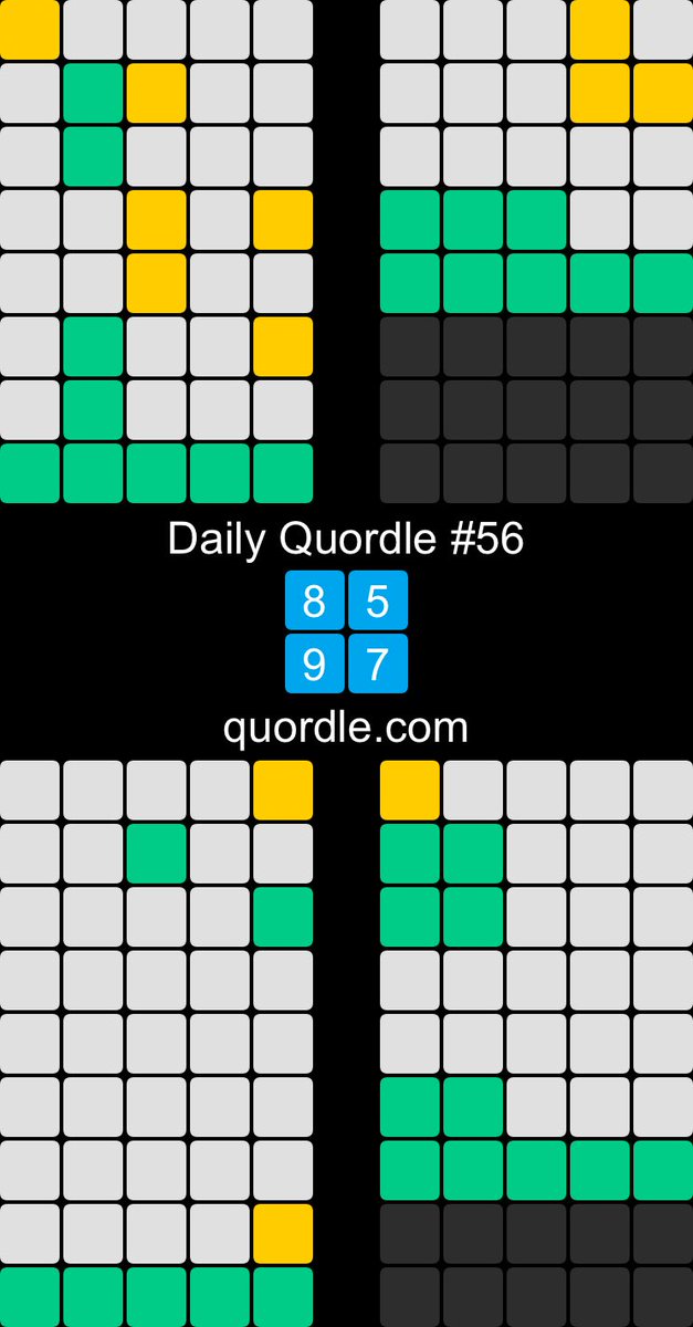 comicmonkey's tweet image. Daily Quordle #56
8️⃣5️⃣
9️⃣7️⃣
quordle.com