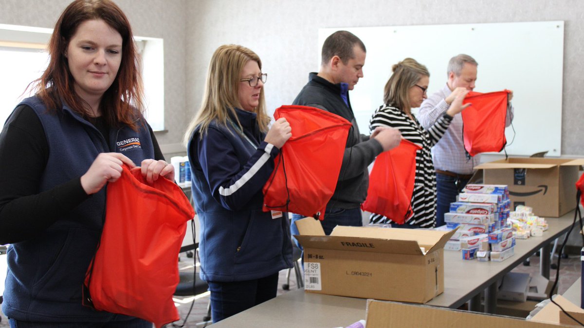 Generac's tweet photo. At Generac we care about our communities. Recently, our HR team worked together to create 100 @UnitedWayGMWC personal care kits that were donated to two local veterans organizations, VetsNet and Milwaukee Homeless Veterans Initiative. #GeneracGives #GeneracProud https://t.co/Xi8sw6ekij