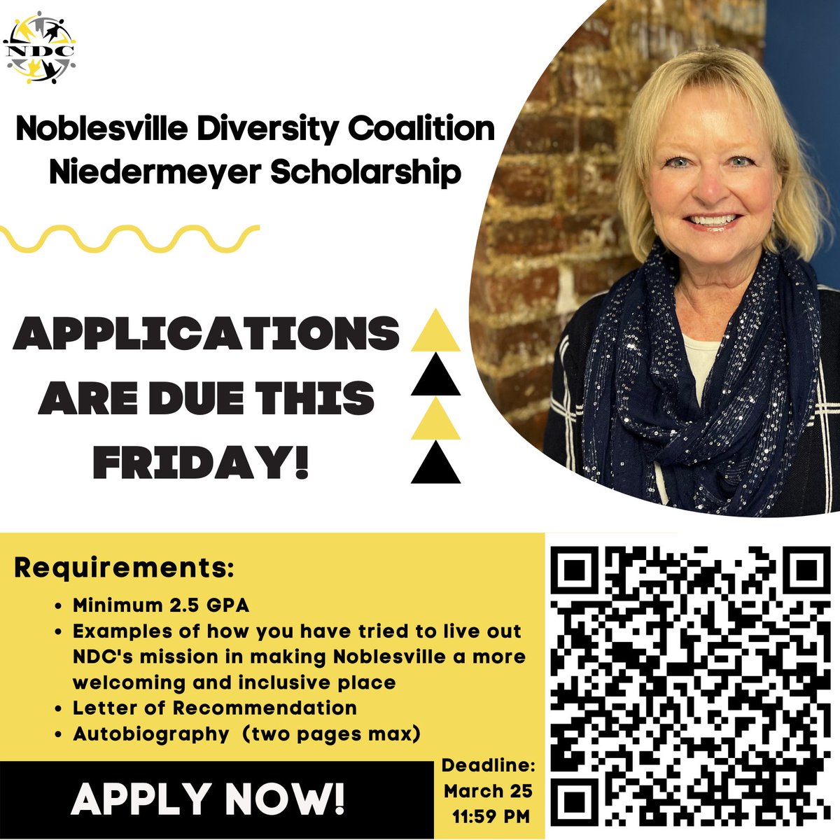 STUDENTS! Applications for the Noblesville Diversity Coalition Niedermeyer Scholarship are due this Friday, March 25 at 11:59 pm.

Scan the QR code or visit the following link to apply! 
ow.ly/oBLB50IojRO