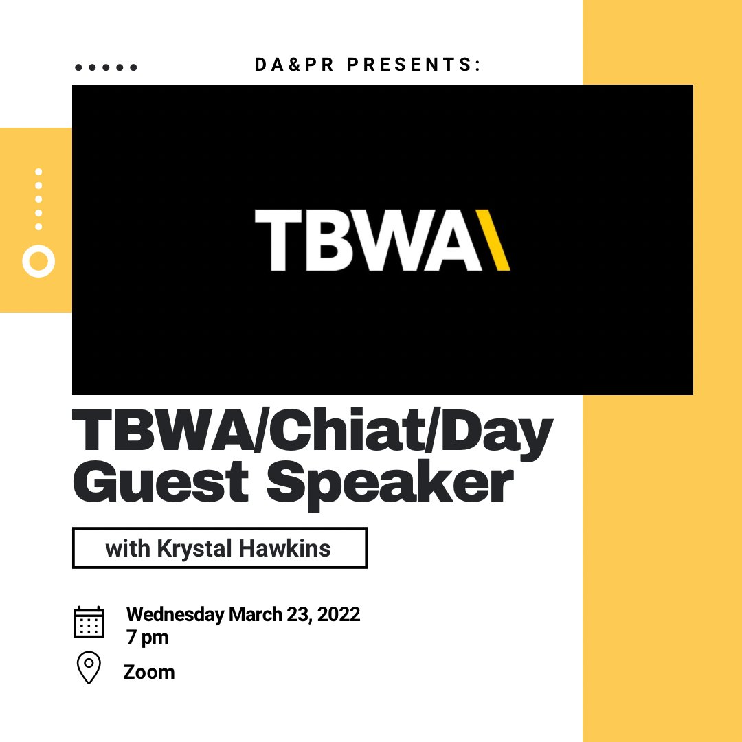 Welcome back everyone! Hope you had a nice and restful spring break. Please join us for this week's DA&amp;PR meeting. We'll have a guest speaker from TBWA/Chiat/Day presenting through Zoom. #txadpr #utorgs