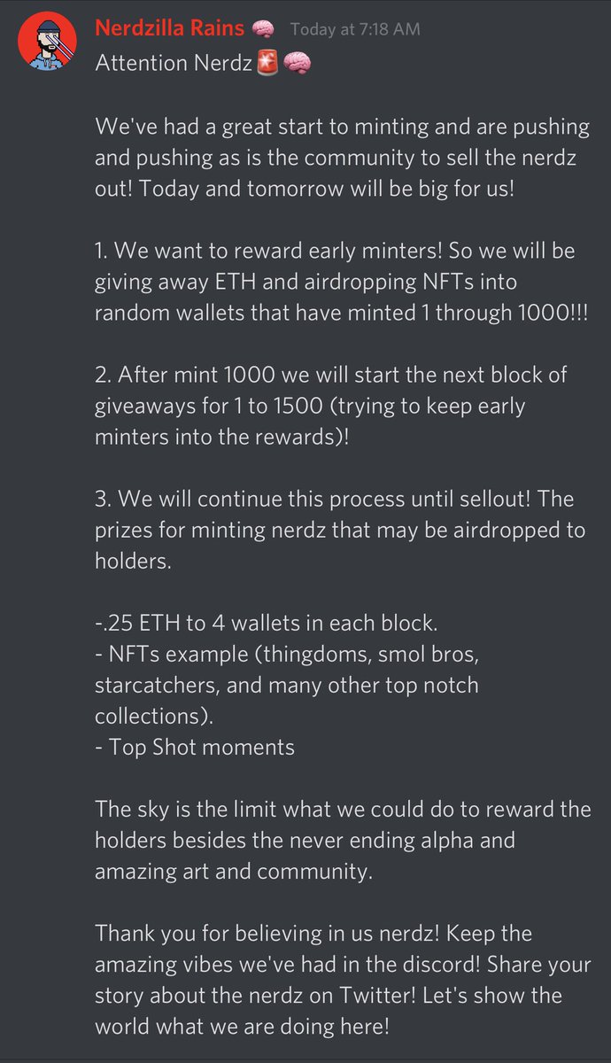 🧠🚨Nerd Alert🚨🧠

What a great launch this weekend! To thank all the early minters we will be dropping some surprises randomly to people who minted, see details below. 🧠
Mint here: thecryptonerdz.com
#Nerdz #NFT