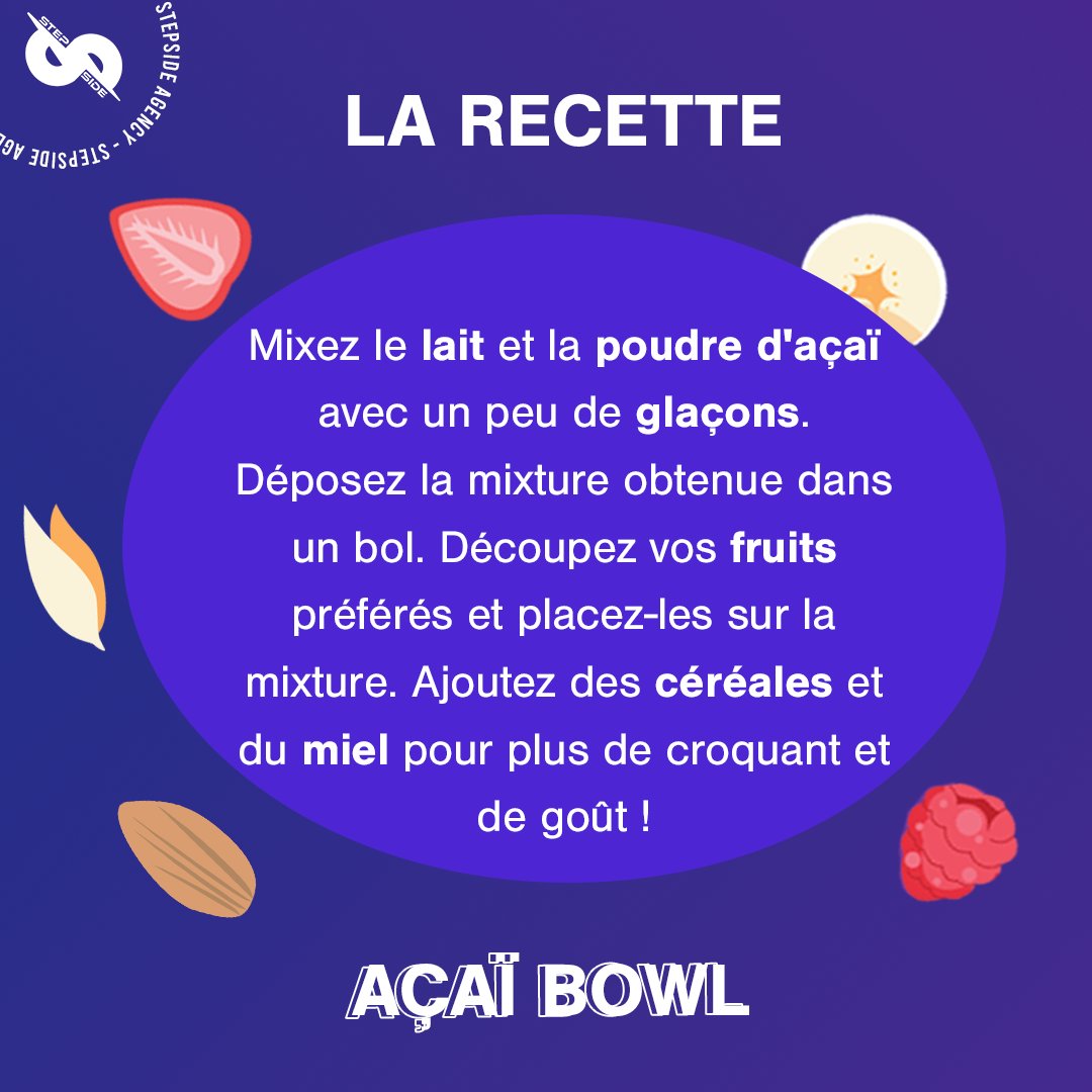 StepsideAgency's tweet photo. 📝 Les ingrédients 🔽

🥛 Du lait de vache ou végétal (20cl) 
🥄 De la poudre d'açaï (2 cuillères à soupe)
🧊 3 glaçons
🍓 Des fruits (fraise, banane, framboise, myrtille, amande sèche)
🌾 Des céréales (flocon d'avoine ou muesli)
🍯 Du miel https://t.co/ocGnxWw5eu