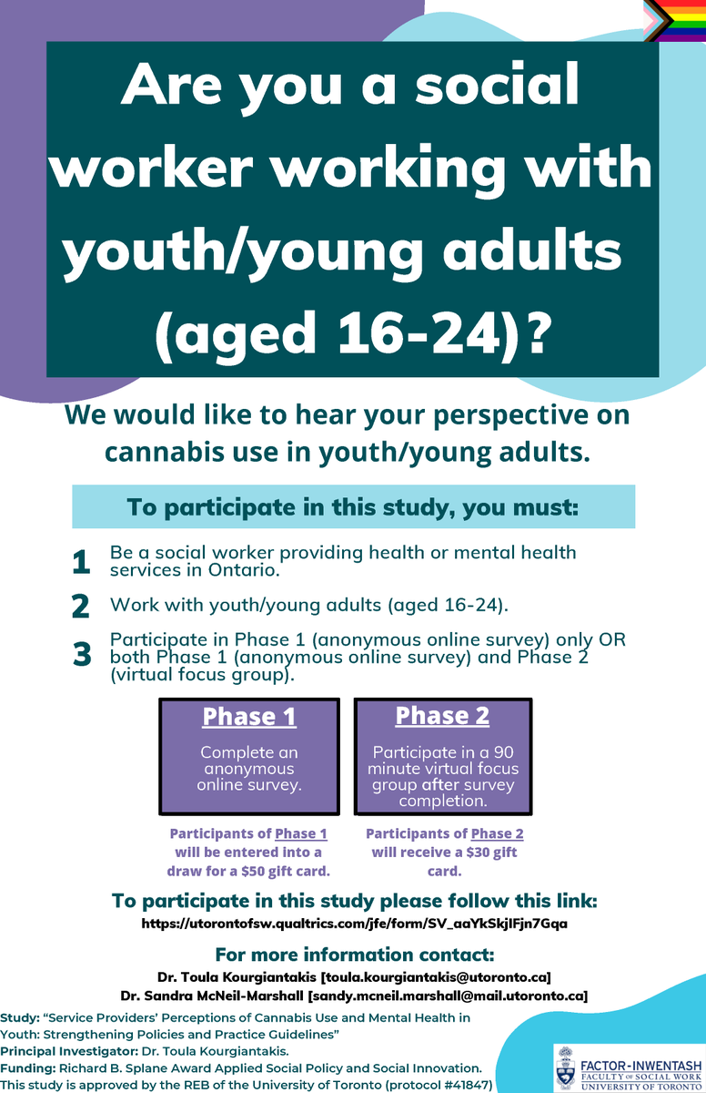 DrKourgiantakis's tweet photo. Are you an Ontario social worker working with youth 16-24? We want to hear your perspectives on cannabis use in youth. Focus grps Thurs Mar 24, 4-6 pm &amp; Fri. Mar 25, 9-11 am. $30 gift card for time @faymhaRC @UofT_FIFSW @FIFSWAlumni @FIFSWGSA For more info https://t.co/FQn57AkZJQ https://t.co/WYRf38yxdD