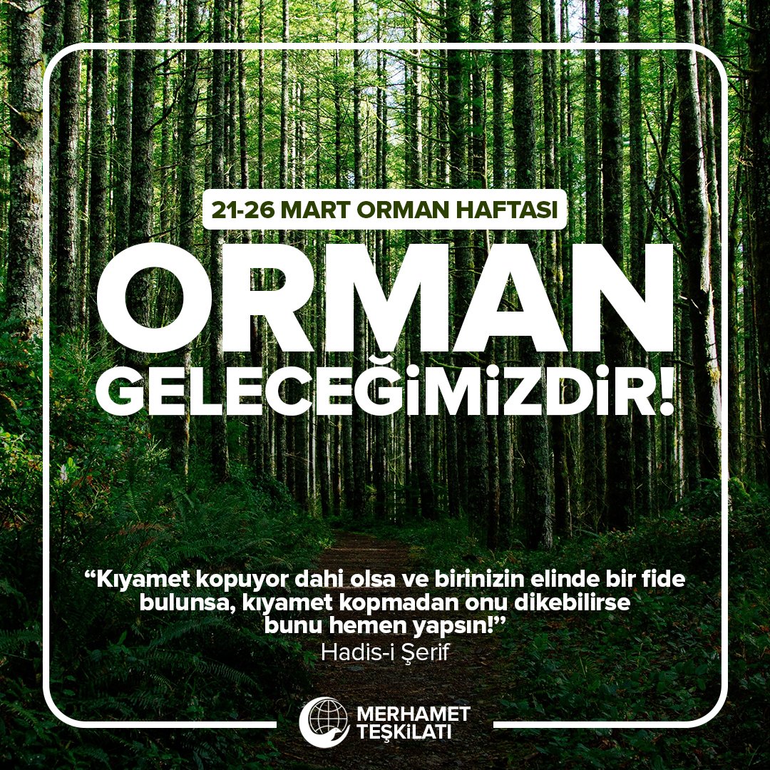 "Kıyamet kopuyor dahi olsa ve birinizin elinde bir fide bulunsa, kıyamet kopmadan onu dikebilirse bunu hemen yapsın!" Hadis-i Şerif

#orman #ormanhaftası #merhamet #merhametteskilati