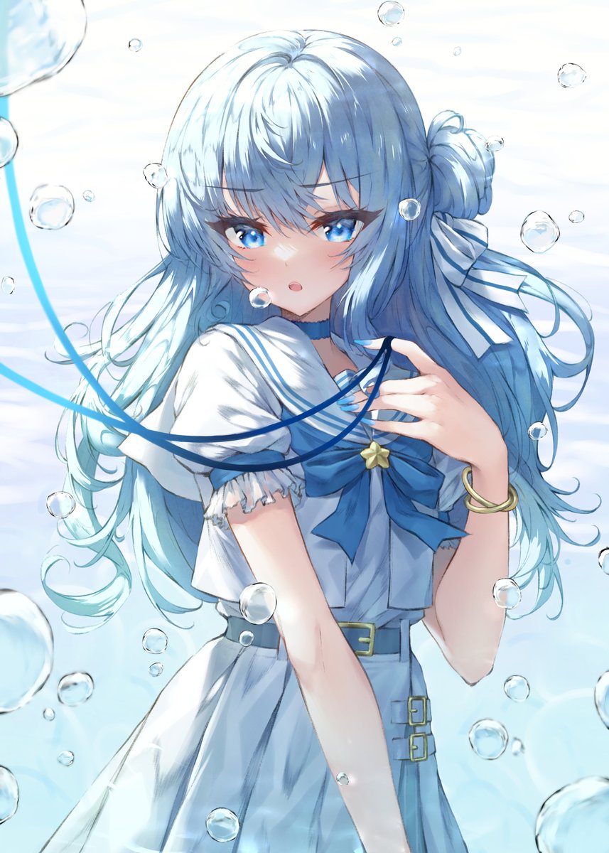 hoshimachi suisei 1girl solo blue eyes blue hair long hair bubble sailor collar  illustration images
